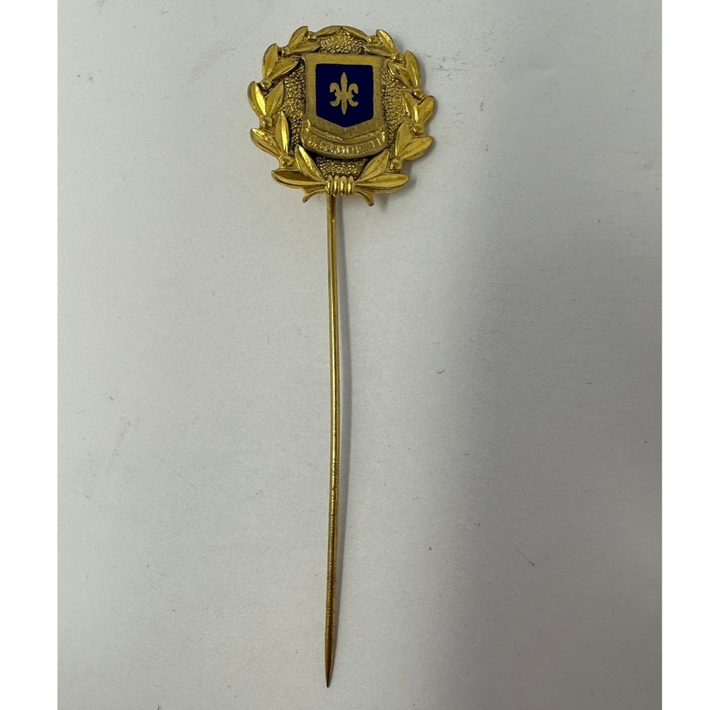 Vintage Fleur De Lis Crest Stick Pin Gold Tone Blue Enamel Laurel Wreath Hat Pin